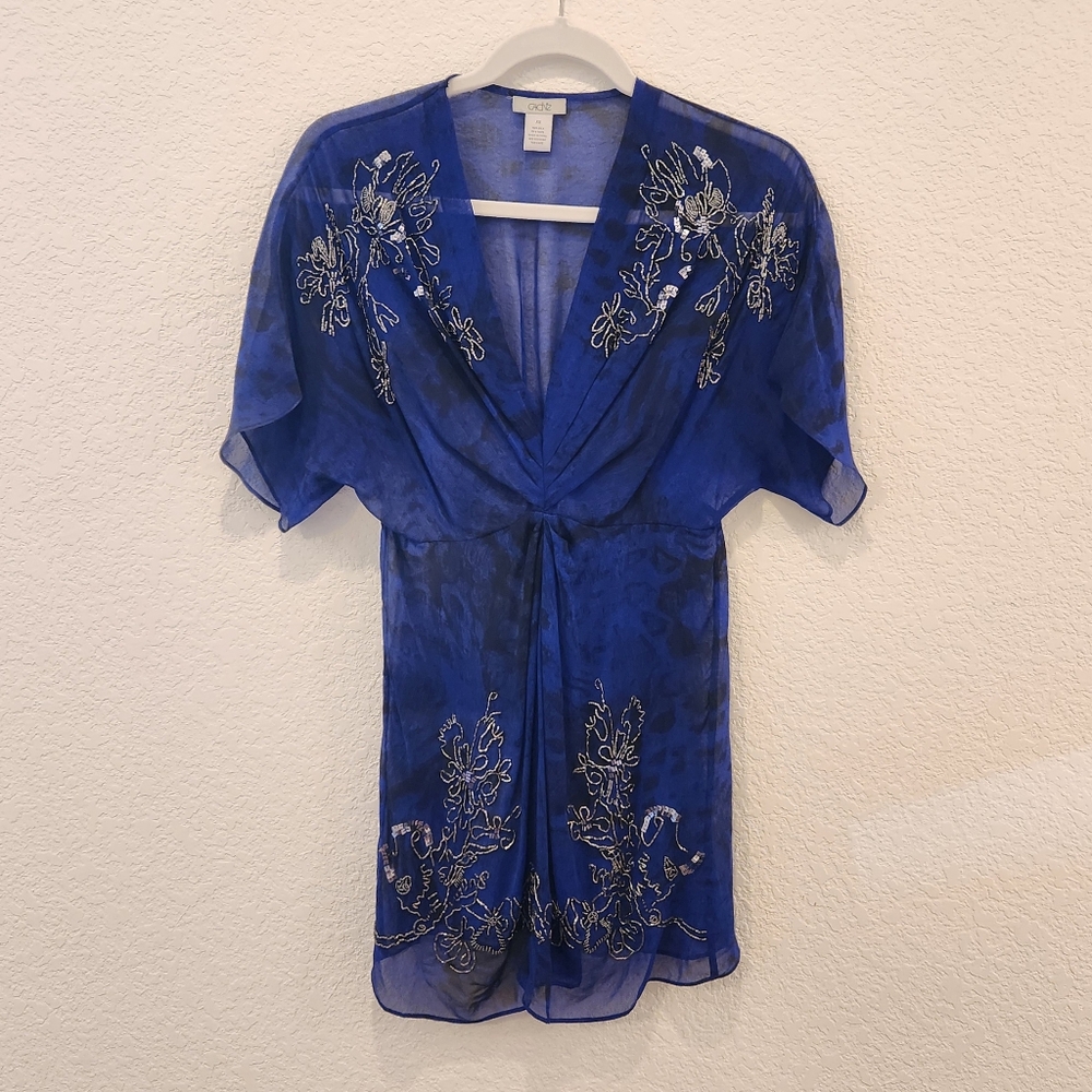 Cache Women's 100% Silk Blouse Tunic Sz XS Royal Blue Beaded Empire Waist V-Neck